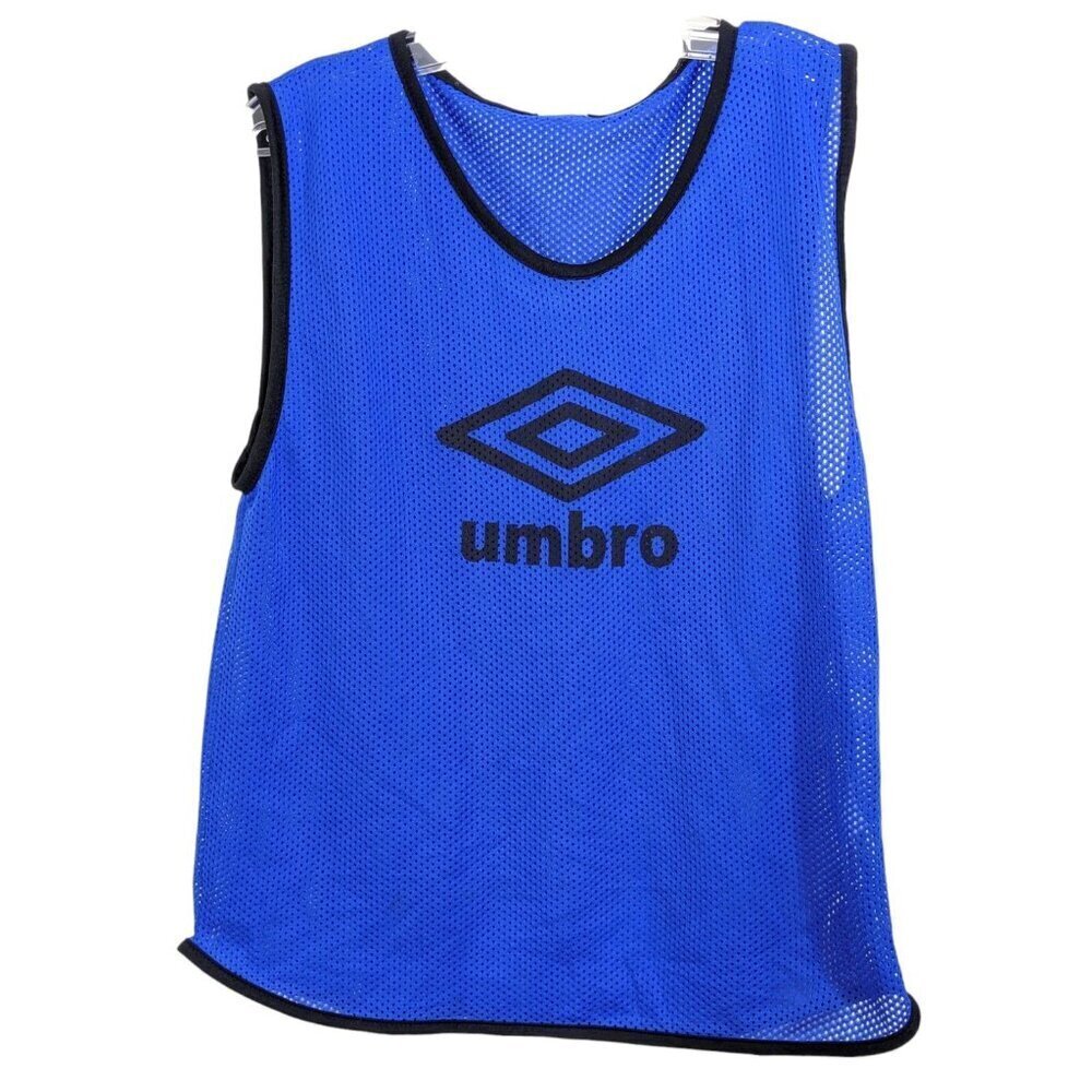 Vintage 90s Umbro Jersey Top Youth Large Blue Sleeveless Logo Perforated Logo